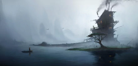 A foggy island scene featuring a lonely tree by a dark lake, with a mysterious house emitting smoke in the background, evoking a fantasy atmosphere. 