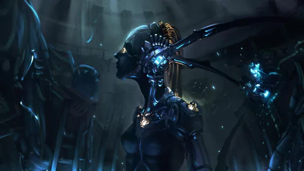 A detailed 4K Ultra HD sci-fi desktop wallpaper depicting a futuristic cyborg with glowing blue elements in a dark, advanced technological environment.