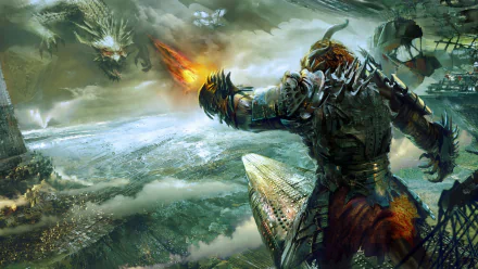 A fierce warrior with horns and armor unleashes fire against dragons in a dramatic landscape, showcasing stunning artwork from Guild Wars 2 in this 4K Ultra HD desktop wallpaper.