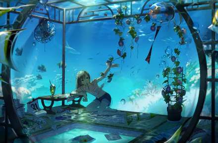 Anime girl sitting underwater in an ocean room filled with plants, fish, and coral, with a shark swimming by. The scene is a HD desktop wallpaper and background.