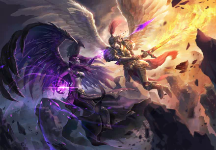 A dramatic HD wallpaper featuring Morgana and Kayle from League of Legends, showcasing their epic clash with contrasting dark and light elements in a vibrant fantasy setting.