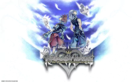 HD wallpaper featuring Sora and Riku from Kingdom Hearts Re:Chain of Memories, alongside Goofy, Donald Duck, and Naminé, set against a dramatic sky backdrop.