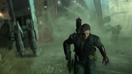 A dynamic scene featuring Big Boss from Metal Gear Solid V: The Phantom Pain, showcasing intense action amid a hazy, high-definition backdrop.