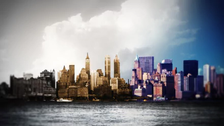 HD PC desktop wallpaper featuring a split cityscape from the TV show Forever, blending black-and-white and color elements over a waterfront view.