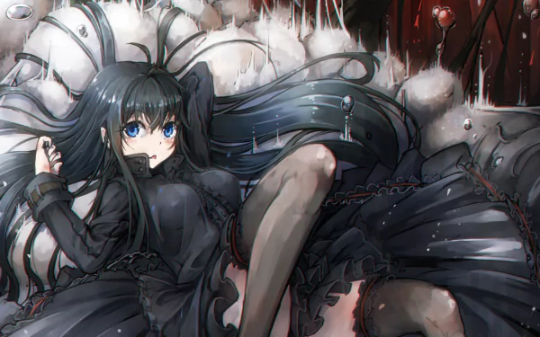 HD PC desktop wallpaper featuring an original anime character in a detailed black dress, set against a dramatic, dark-toned background.