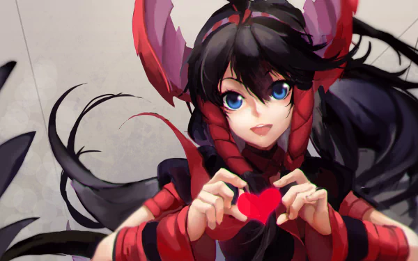 Anime-style character with dark hair and red accents holding a heart, featured in a Puzzle & Dragons HD PC desktop wallpaper.