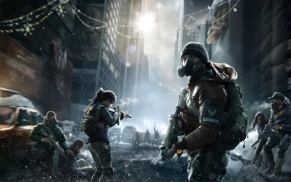 HD wallpaper and background image of Tom Clancy's The Division showing armed characters in a post-apocalyptic urban setting with dilapidated streets and buildings.
