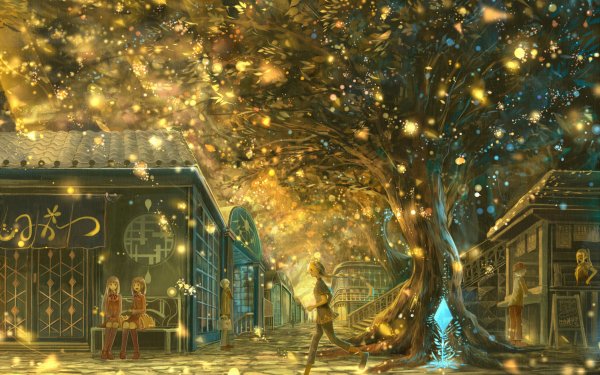 Anime Original Baum Magisch Licht Landschaft Großstadt Nacht HD Wallpaper | Hintergrund