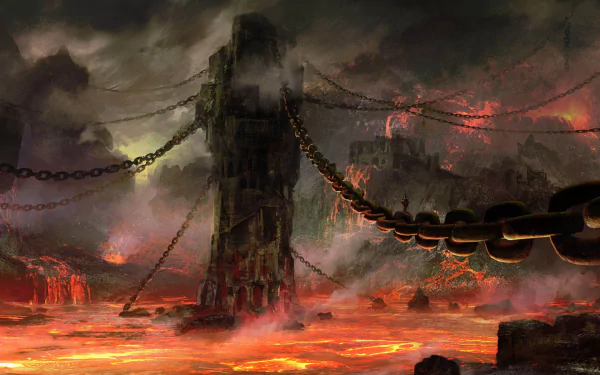HD PC desktop wallpaper from the video game Dark Souls II, featuring a dark, fiery landscape with chains and a towering stone structure surrounded by molten lava.