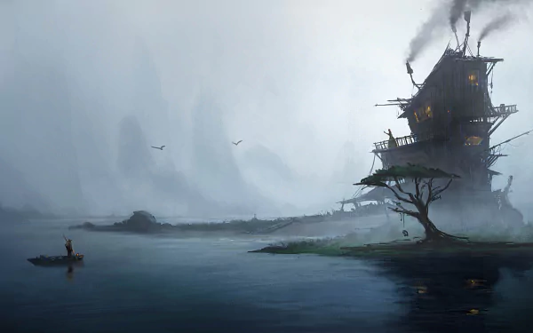A foggy island scene featuring a lonely tree by a dark lake, with a mysterious house emitting smoke in the background, evoking a fantasy atmosphere. 