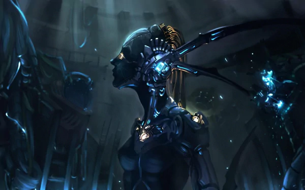 A detailed 4K Ultra HD sci-fi desktop wallpaper depicting a futuristic cyborg with glowing blue elements in a dark, advanced technological environment.