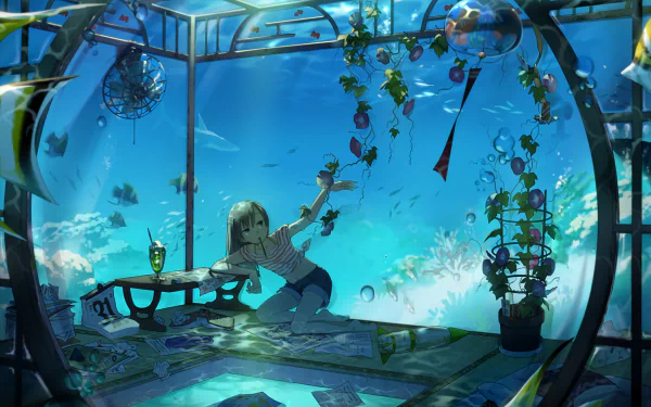Anime girl sitting underwater in an ocean room filled with plants, fish, and coral, with a shark swimming by. The scene is a HD desktop wallpaper and background.