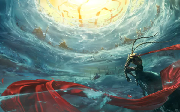 A fantasy warrior from Monkey King: Hero Is Back stands boldly against a dramatic backdrop. The vibrant scene features swirling water and a radiant sun, showcasing epic adventure.
