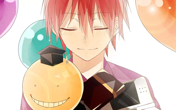 HD desktop wallpaper featuring Koro-sensei and Karma Akabane from the anime Assassination Classroom. Karma holds objects, with Koro-sensei's smiling face in the foreground.