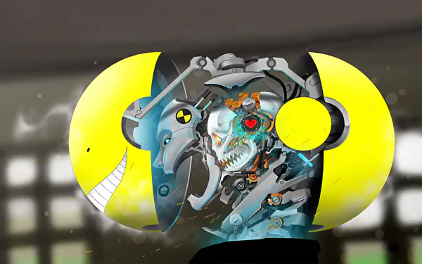 HD desktop wallpaper featuring Koro-sensei from the anime Assassination Classroom, showcasing a mechanical and intricate interior design.