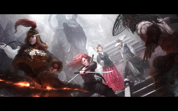 A dynamic HD wallpaper featuring characters from League of Legends: Teemo, Twisted Fate, Kayle, Katarina, Udyr, and Ashe, set against an epic, battle-worn backdrop.