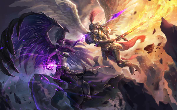 A dramatic HD wallpaper featuring Morgana and Kayle from League of Legends, showcasing their epic clash with contrasting dark and light elements in a vibrant fantasy setting.