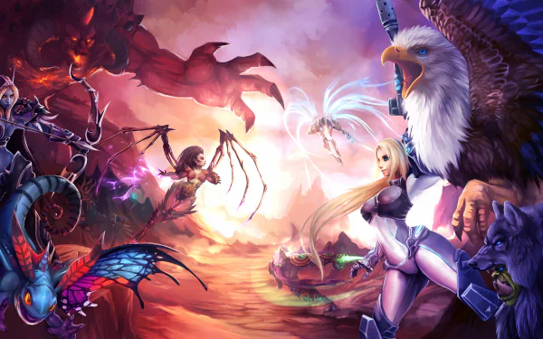 4K Ultra HD Heroes of the Storm PC desktop wallpaper featuring multiple fantasy heroes and creatures in an epic battle scene with vibrant colors and dynamic action.