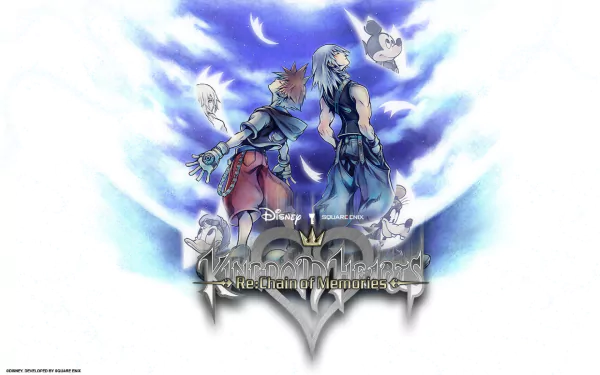 HD wallpaper featuring Sora and Riku from Kingdom Hearts Re:Chain of Memories, alongside Goofy, Donald Duck, and Naminé, set against a dramatic sky backdrop.