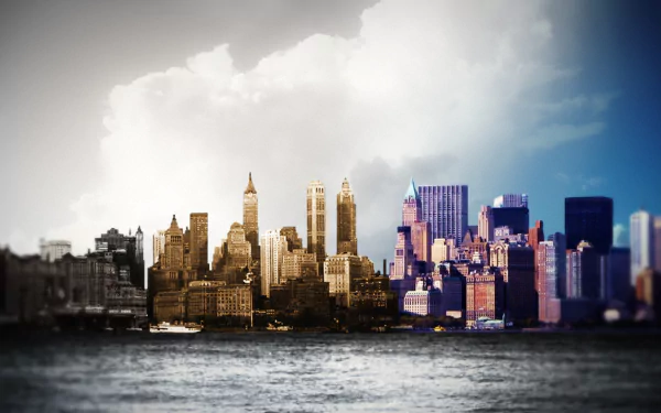 HD PC desktop wallpaper featuring a split cityscape from the TV show Forever, blending black-and-white and color elements over a waterfront view.