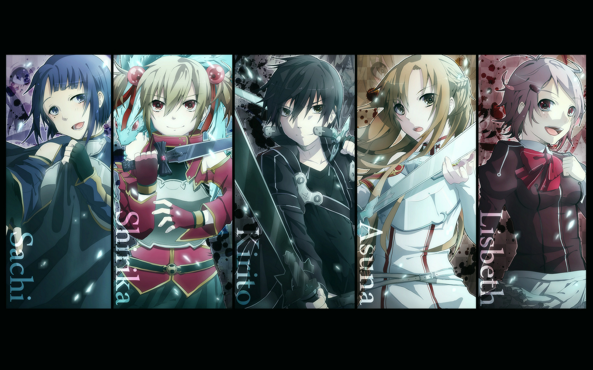 asuna, kirito, silica, lisbeth, pina, and 2 more (sword art online