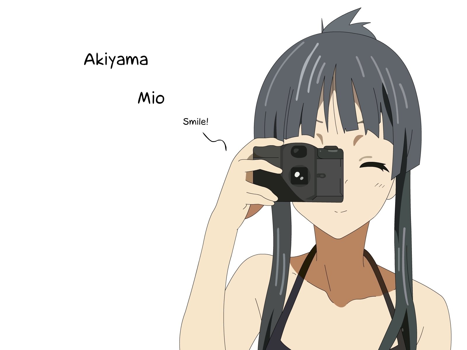 HD anime desktop wallpaper featuring Mio Akiyama from K-ON! smiling and holding a camera in a simple, clean design.