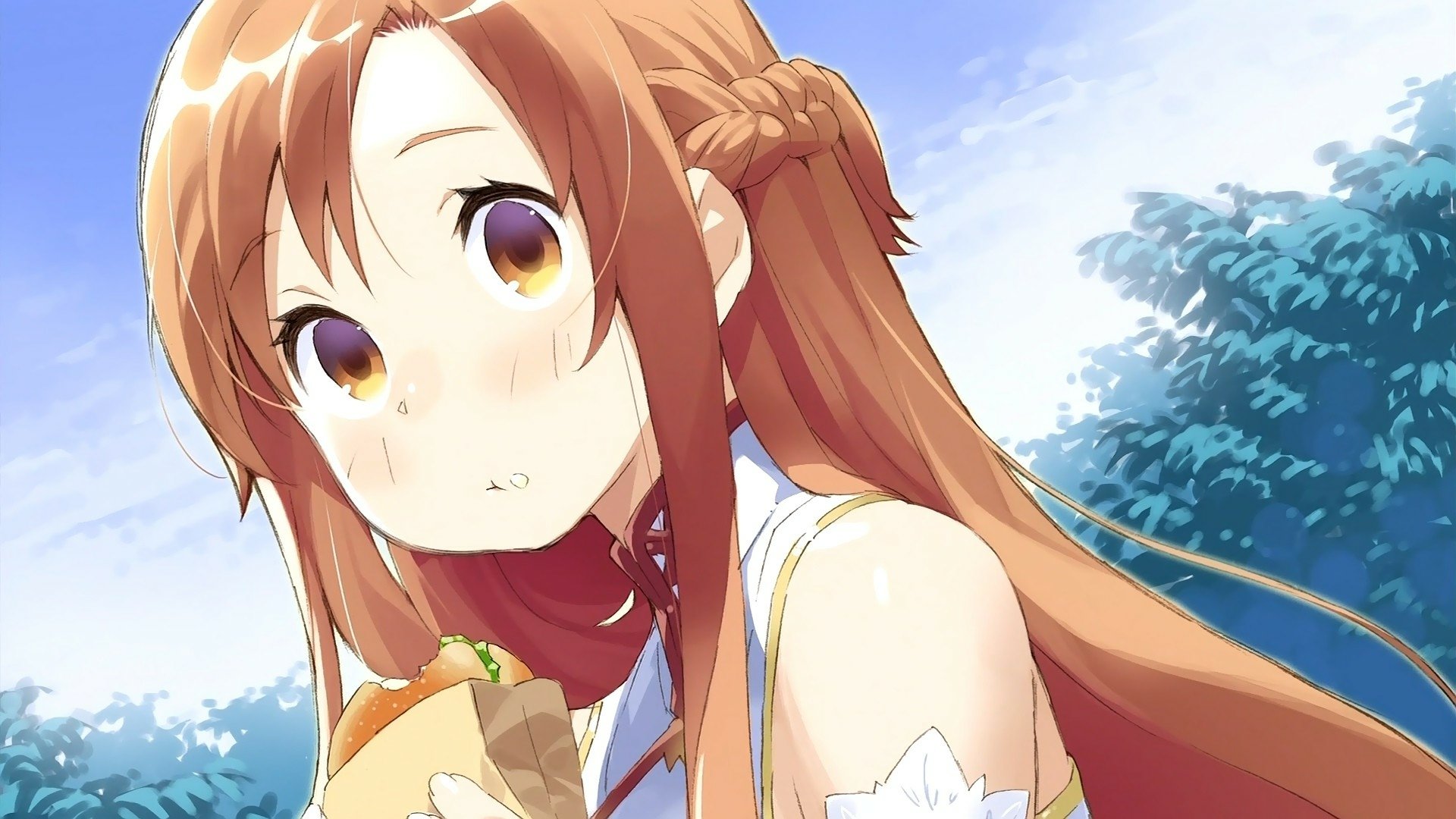 HD PC desktop wallpaper featuring Asuna Yuuki from the anime Sword Art Online, with bright colors and a serene outdoor background.