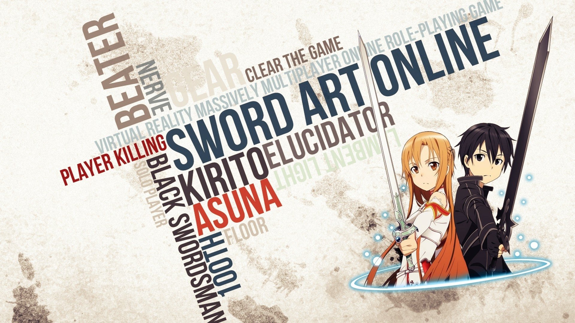 HD desktop wallpaper featuring Kirito and Asuna Yuuki from Sword Art Online, surrounded by game-related keywords and themes of virtual reality and adventure.