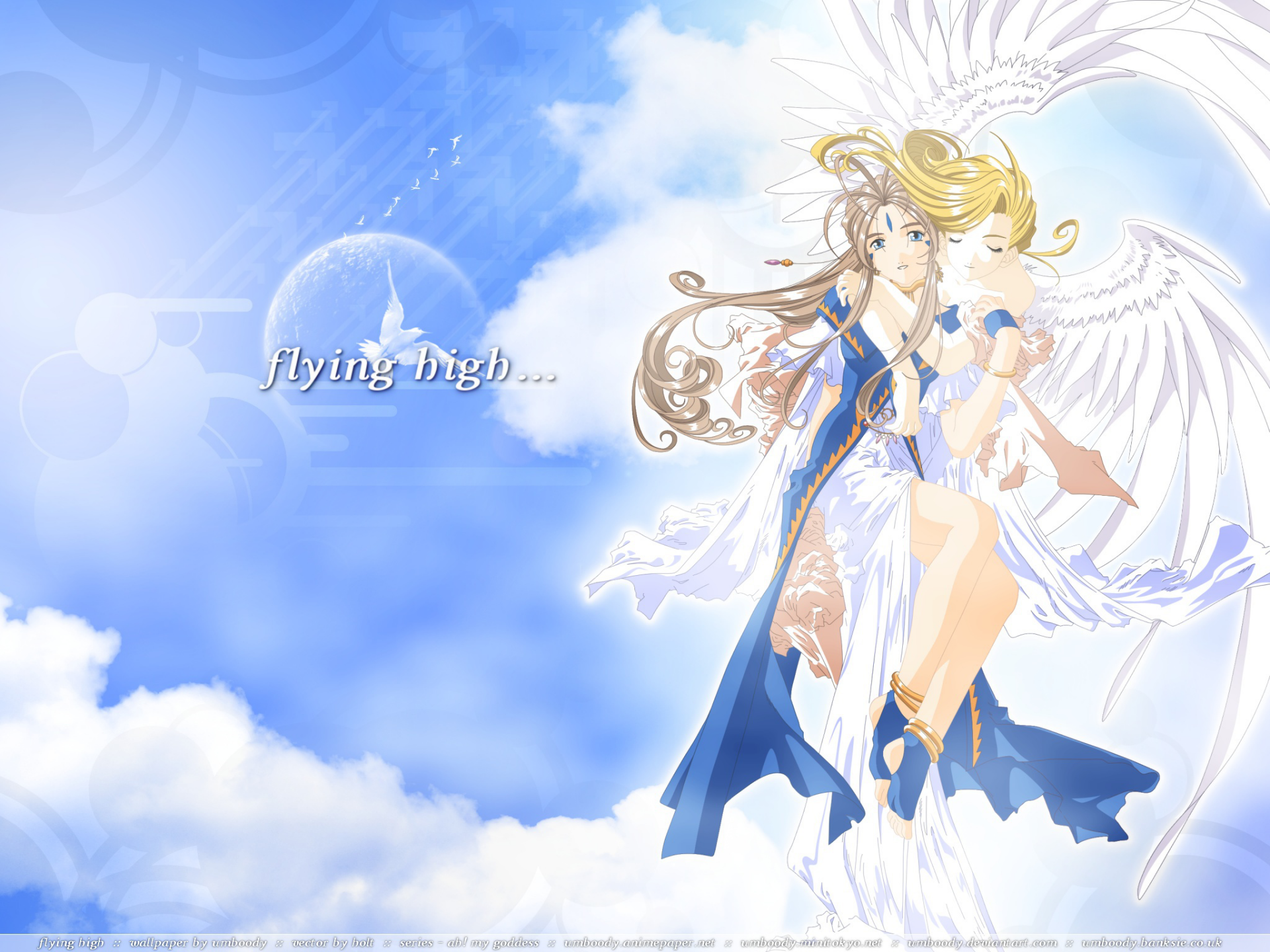 HD PC desktop wallpaper from the anime Ah! My Goddess, featuring two winged female characters flying high against a bright blue sky with clouds.