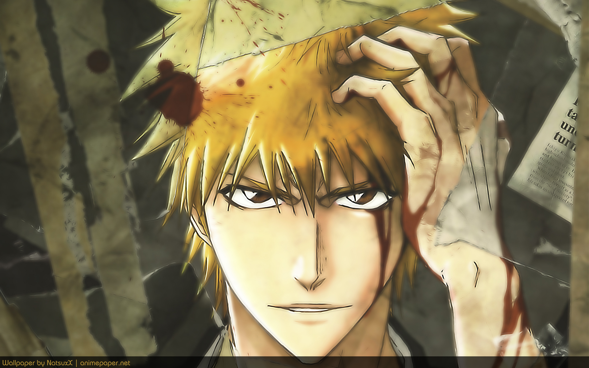 Ichigo Kurosaki, the protagonist from the anime Bleach, gazes intensely with a bloodied hand on his head, set against a dramatic backdrop, making for a striking HD desktop wallpaper.
