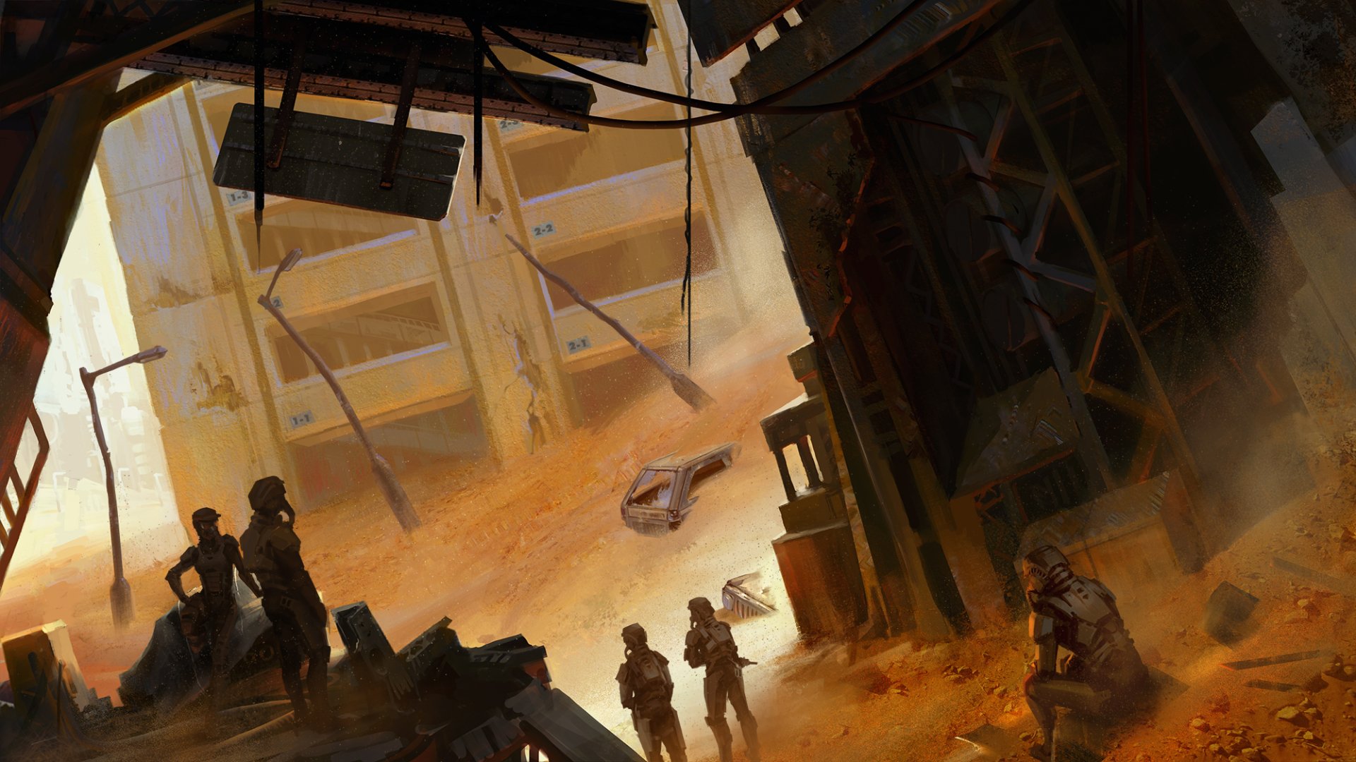 A post-apocalyptic scene featuring soldiers navigating a sandy urban landscape, surrounded by dilapidated buildings in a sci-fi city setting.