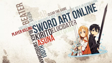 HD desktop wallpaper featuring Kirito and Asuna Yuuki from Sword Art Online, surrounded by game-related keywords and themes of virtual reality and adventure.