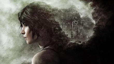 A striking HD wallpaper from the video game Rise of the Tomb Raider, featuring a profile of the protagonist with a dramatic background blending elements of adventure and mystery.
