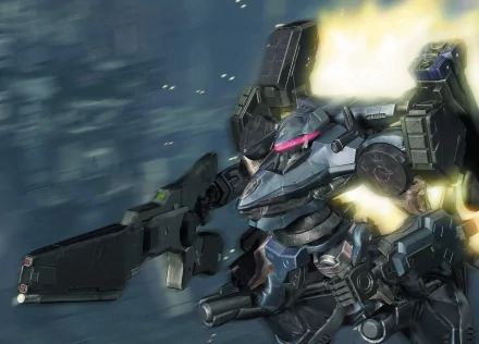 A dynamic HD wallpaper featuring a heavily armored mech from the video game Armored Core, showcasing its powerful design and vibrant details against a blurred background.