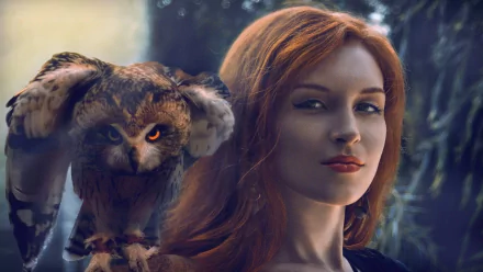 A woman in cosplay poses confidently next to a majestic owl in this HD desktop wallpaper and background, set against a mystical forest backdrop.
