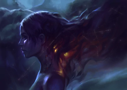 A fantasy-themed 4K Ultra HD image featuring a woman in profile, with ethereal colors and wisps of light flowing from her hair, set against a mystical, dark background.