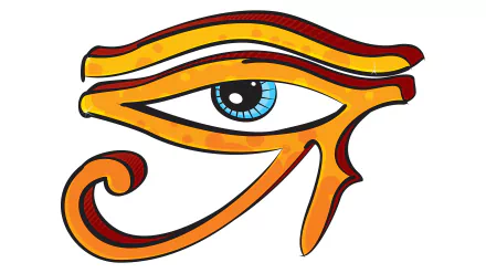 Vibrant fantasy-themed Eye of Horus illustration with bold orange and red lines, rendered in HD quality for a striking PC desktop wallpaper background.