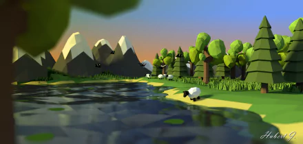 3D artistic HD desktop wallpaper of a low-poly mountain landscape with forest and sheep by a calm river, created using Blender.