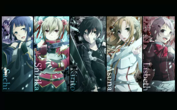 A vibrant HD wallpaper featuring characters from Sword Art Online: Lisbeth, Silica, Sachi, Asuna Yuuki, and Kirito, captured in an artistic arrangement with distinct backgrounds.