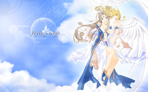 HD PC desktop wallpaper from the anime Ah! My Goddess, featuring two winged female characters flying high against a bright blue sky with clouds.