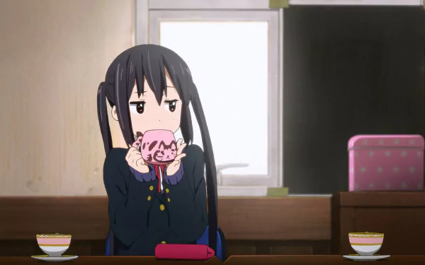 HD PC desktop wallpaper of Azusa Nakano from the anime K-ON!, showing her sipping tea with a neutral expression in a softly lit room.