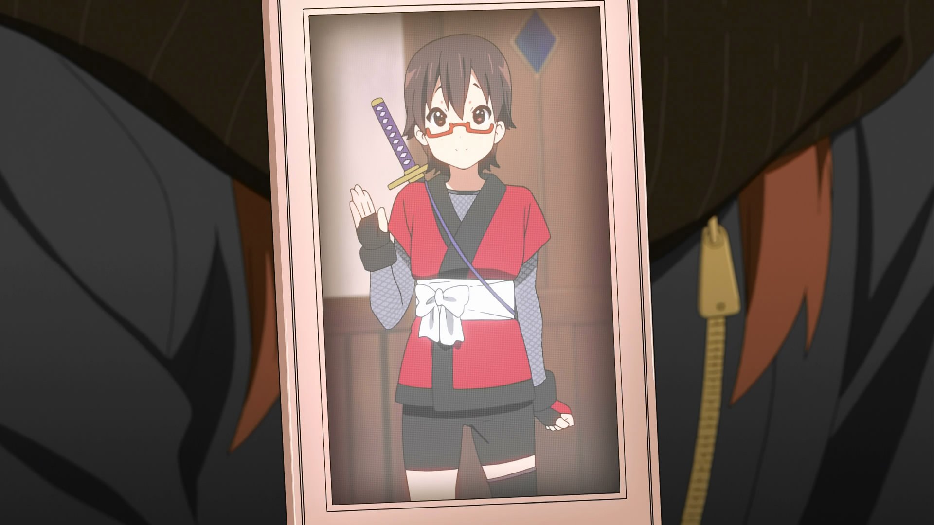 HD PC desktop wallpaper of Nodoka Manabe from K-ON!, framed anime portrait of her in a red ninja-style outfit, glasses and short hair, holding a sheathed sword.