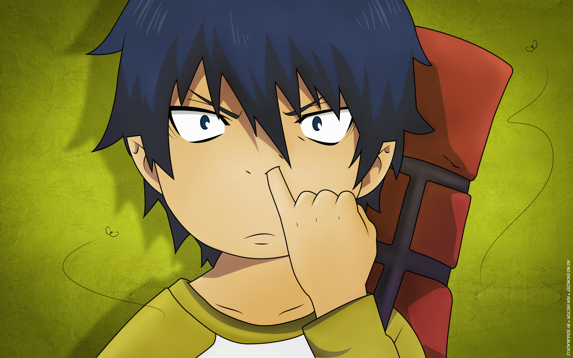 Anime-style Blue Exorcist character with blue hair and red sword sheath on back, presented as a 4K Ultra HD PC desktop wallpaper and background.