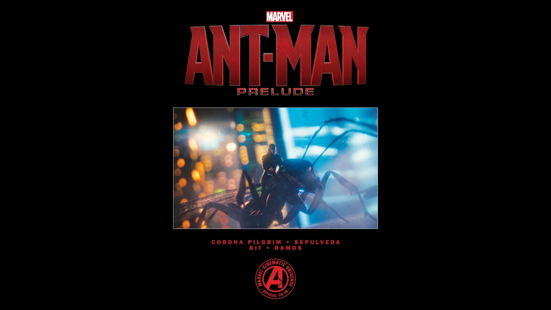 4K Ultra HD PC desktop wallpaper featuring Marvel's Ant-Man in a dynamic pose with glowing city lights, titled Ant-Man Prelude in bold red text.