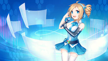 HD anime-style Os-tan character with blue eyes and blonde hair poses against a futuristic digital background, designed as a vibrant PC desktop wallpaper.