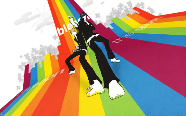 Anime HD wallpaper featuring Yasutora Sado and Ichigo Kurosaki from Bleach standing back-to-back on vibrant, colorful rainbow-striped paths.