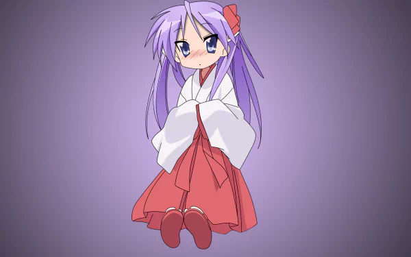 Anime character Kagami Hiiragi from Lucky Star with purple hair, blue eyes, and blush, wearing a traditional kimono, set against a soft purple background in HD quality.