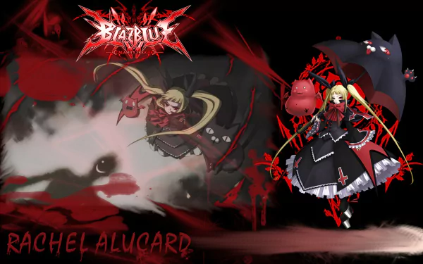 HD anime desktop wallpaper featuring Rachel Alucard from BlazBlue, showcasing her gothic attire and supernatural abilities with a dark, dynamic background.