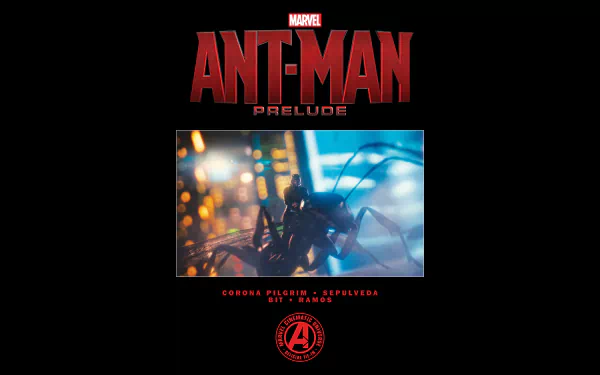 4K Ultra HD PC desktop wallpaper featuring Marvel's Ant-Man in a dynamic pose with glowing city lights, titled Ant-Man Prelude in bold red text.