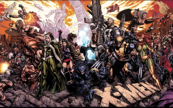 HD PC desktop wallpaper featuring a detailed comic-style illustration of the X-Men team in dynamic poses with vivid colors and intense action.